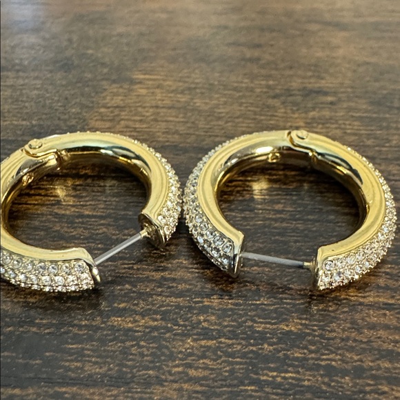 Swarovski Dextera Gold Tone Hoop Earrings with Pave White Crystals - Picture 4 of 6